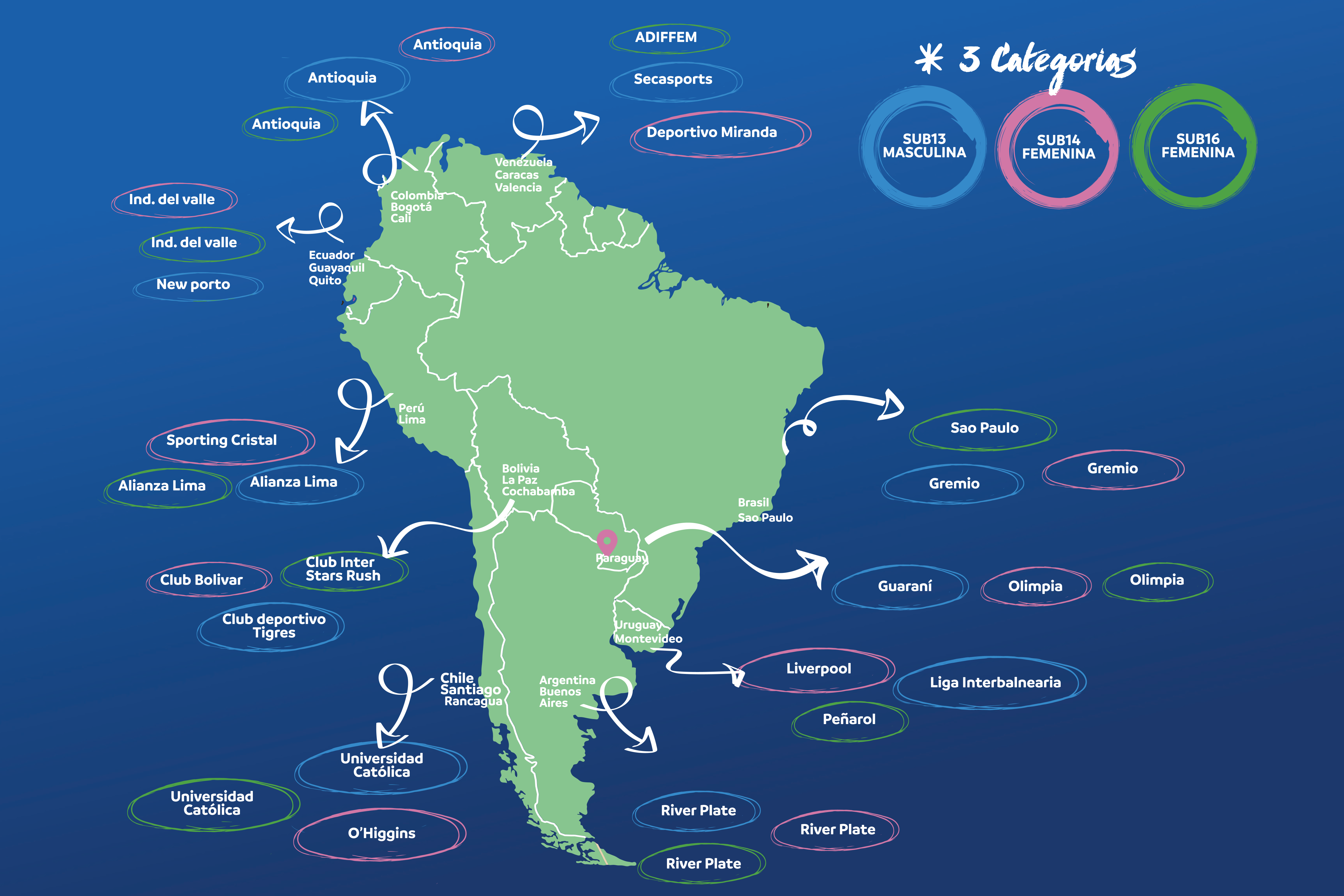 Mapa de equipos clasificados por país