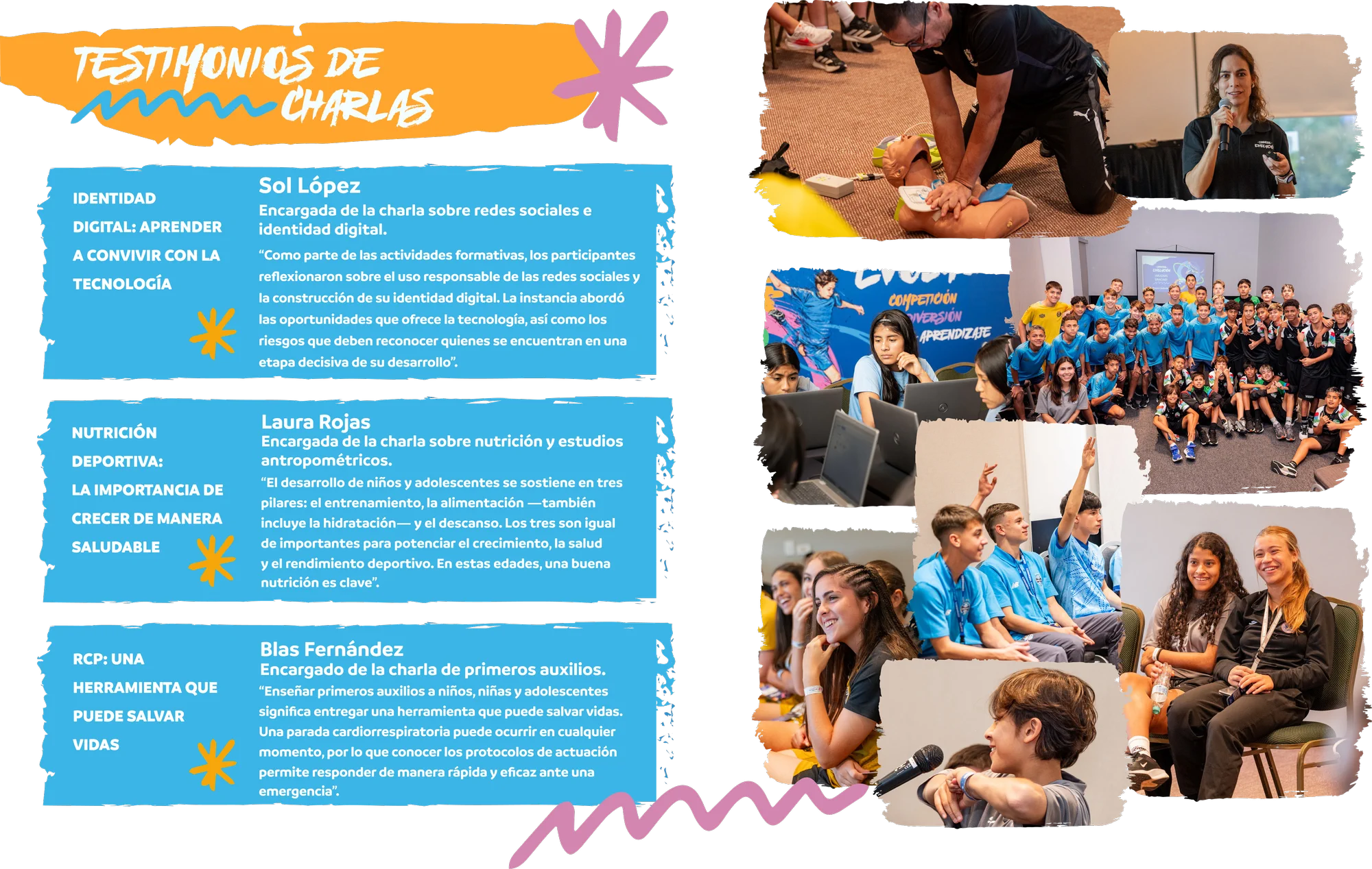 Testimonios de charlas — identidad digital, nutrición deportiva y RCP
