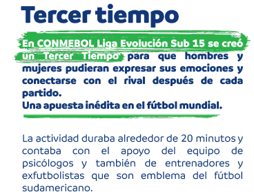 Tercer tiempo. Terminan los 80 minutos (40 por lado) y esta vez los jugadores no se van al camarín. Tampoco para el hotel. En CONMEBOL Liga Evolución Sub 15 se creó un Tercer Tiempo para que hombres y mujeres pudieran expresar sus emociones y conectarse con el rival después de cada partido. Una apuesta inédita en el fútbol mundial. La actividad duraba alrededor de 20 minutos y contaba con el apoyo del equipo de psicólogos y también de entrenadores y exfutbolistas que son emblema del fútbol sudamericano.